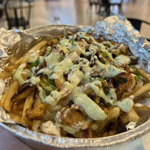 Greek fries with chicken shawarma
