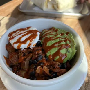 Chorizo bowl and chorizo burrito