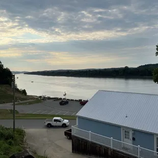 a view of a lake and parking lot