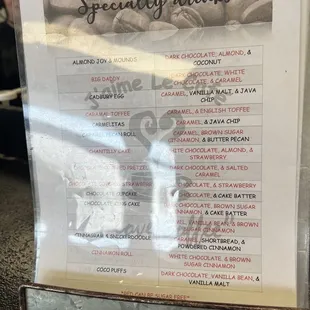 menu for specialty drinks