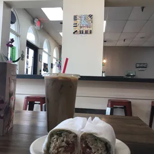 Chicken Caesar wrap w/ my standard order: iced vanilla latte.
