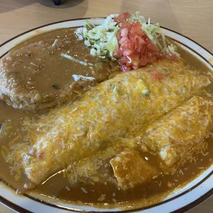 Soft Chili Relleno, ground beef burrito and cheese enchilada with green chili.