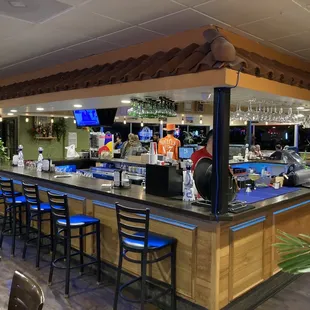 a bar with blue stools