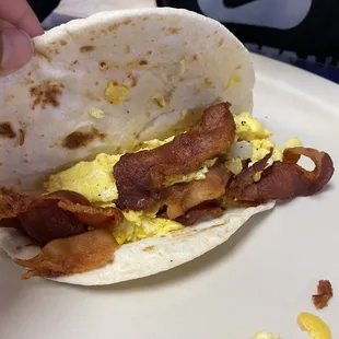 Bacon and egg taco. Dry eggs and dry bacon