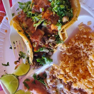 Carne asada taco dinner.  3 tacos, rice and beans with onions &amp; cilantro.  Quality and service is 5 stars.