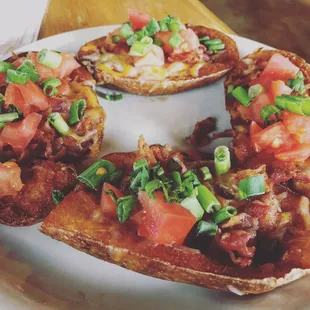 Potato Skins - deep fried bowls of regret filled with bacon and (FRESH) tomato and scallions.
