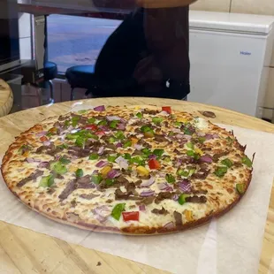 Philly Steak pizza fresh out of the oven