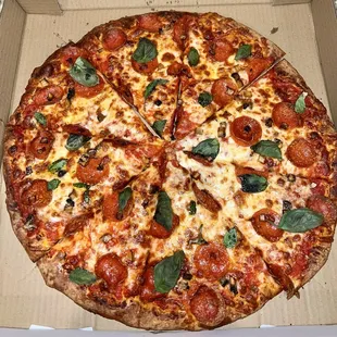 Pepperoni, mushroom, and basil
