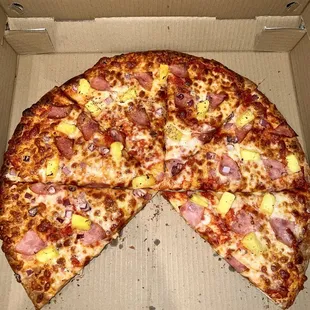 Canadian bacon, pineapple, and red onion