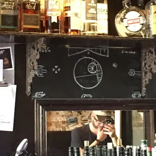 Laura&apos;s Death Star drawing on the chalk board. A subconscious tribute to her childhood neighbor?  Justin is framed by the mirror.