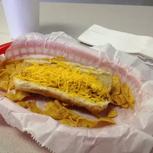 A Jake's Famous Coney with Fritos.