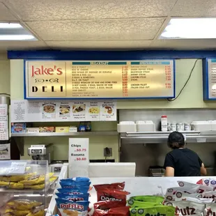 Chips, menu and cook at the griddle.