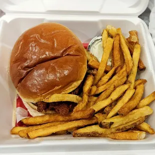 #7 Hot chicken sandwich with fries and a drink. Medium spice.