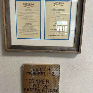 Menu and hours.