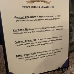 Dessert menu