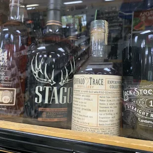 a variety of liquor bottles