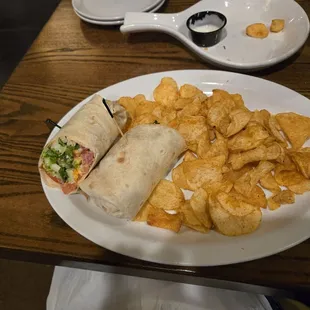 Chicken bacon wrap with kettle chips.