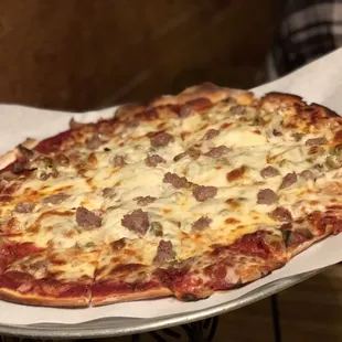 a pizza on a tray