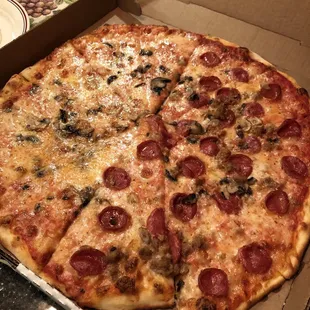 Mushroom, sausage, and pepperoni pizza