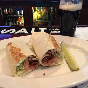 Turkey bacon swiss wrap and short Guinness. Perfect for after work reenergizing