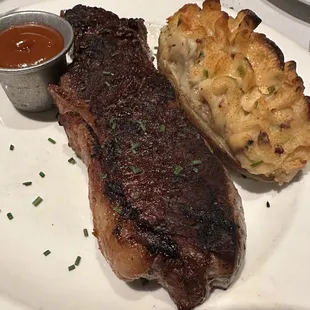 New York strip w/ Jakes sauce and double baked potato