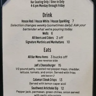 Happy hour 4-6 pm Mon-Thur Menu here