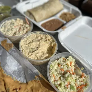 Mac Salad, Potato Salad, coleslaw.