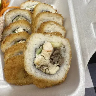 Tres Amigos roll-Chicken, carne asada &amp; shrimp, cucumber, breaded and deep fried