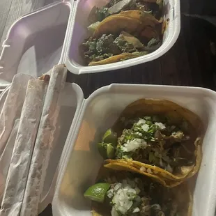 Churros, steak tacos, carnitas tacos and shrimp tacos.