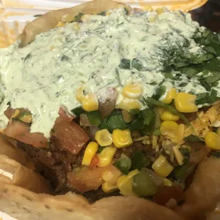 Taco Bowl with Ground Beef, Corn, Raw Jalapeños, Cilantro, Tomatoes &amp; Green Sauce