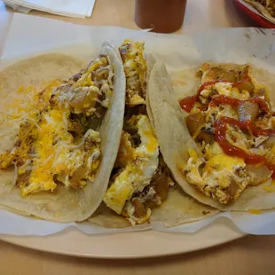 my all time favorite breakfast taco: egg, cheese, potatoes, and chorizo.