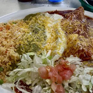Bandera Enchiladas with rice and beans.