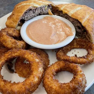 Quesadilla burger and handmade onion rings. Homemade sauce. The best!