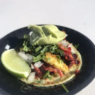 Tried there pastor taco &amp; it was amazing, there pastor is sliced off a spit. Must try