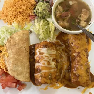 Lunch/ El Benito plate Ground beef taco/ mini beef chimichanga &amp; beef enchilada