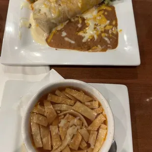 Fajita beef, chimichanga, and tortilla soup