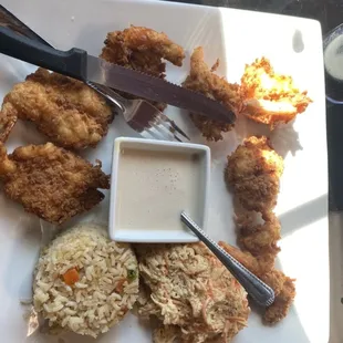 Coconut fried shrimp, white rice, coleslaw and their special dip