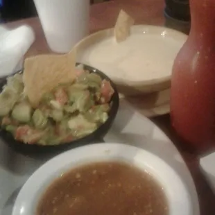 Spicy salsa, guacamole and queso.