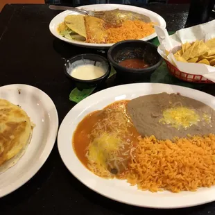 Back: Vegetarian A. Front: Mushroom Quesadilla, Chile Relleno, rice and beans.