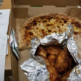 Bbq chicken pizza along with 8 piece bbq wings.