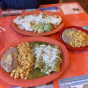 Carne asada Enchiladas with verde sauce, and burrito