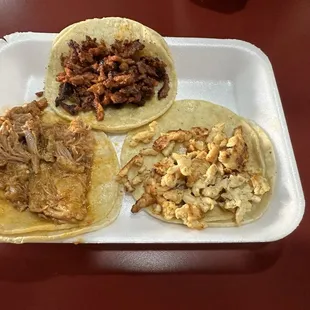 L to R, Barbacoa Taco, Pastor Taco, Pollo Taco