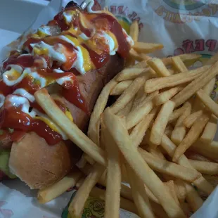 Can call this one a mistake, what a mess. Mostly bun with a grilled dog and whatever else you want to call it. Burritos are good.