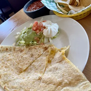 Chips salsa and the cheese quesadilla