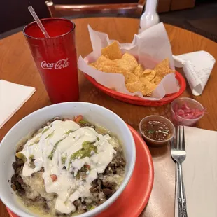 Burrito bowl. Tortilla chips are complimentary. Salsa bar is well stocked.