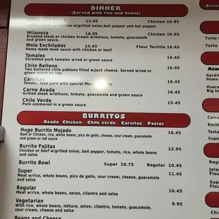 A portion of the menu including breakfast