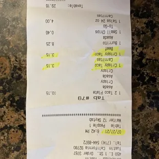 Receipt from Jalapeños.