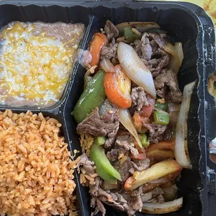Steak Shrimp Fajitas Plate with flour tortillas 5/5 for size and flavor.