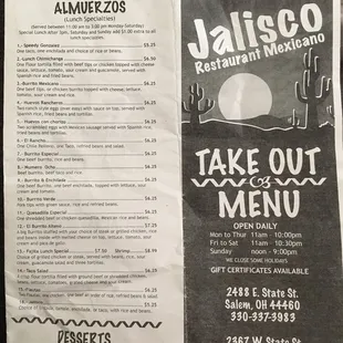 Take out menu