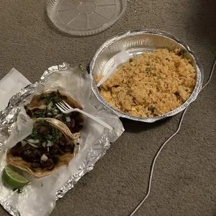 Two steak tacos and rice